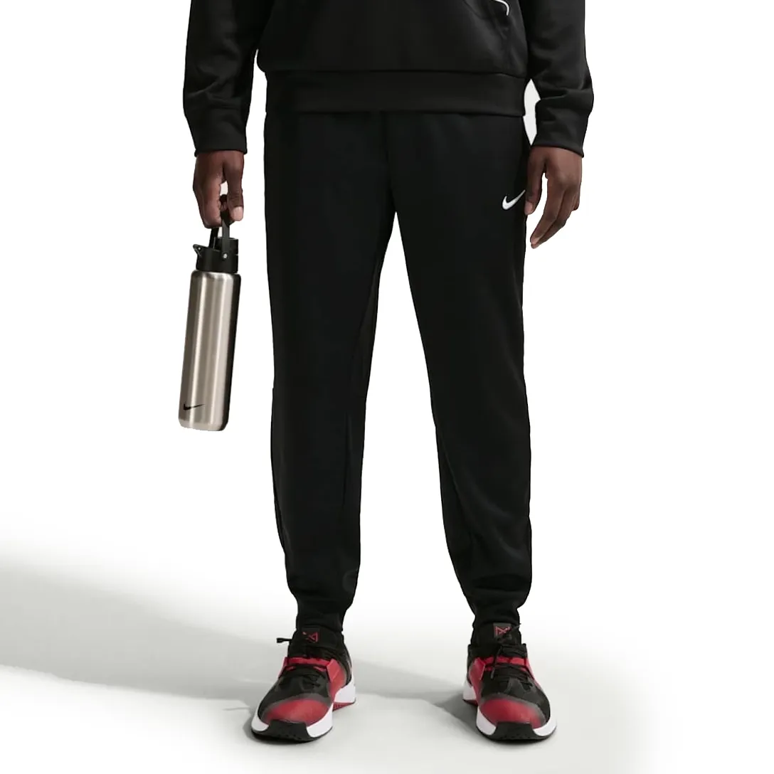 Calça de treinamento masculina Nike preta em poliéster com logo e texto Dri-FIT, vista frontal